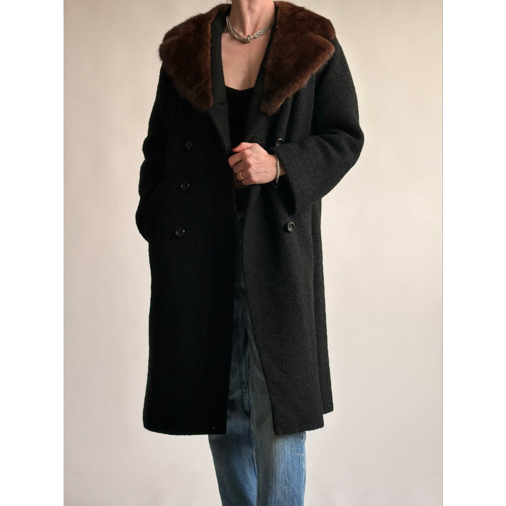 Vintage Woodward & Lothrop Black Wool Car Coat with Mink Fur Collar