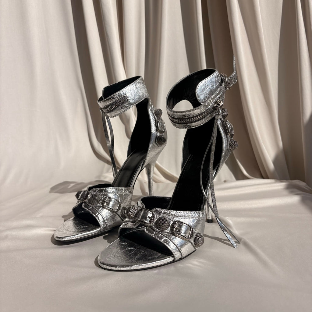 Balenciaga Silver Metallic Leather Cagole Studded Heels