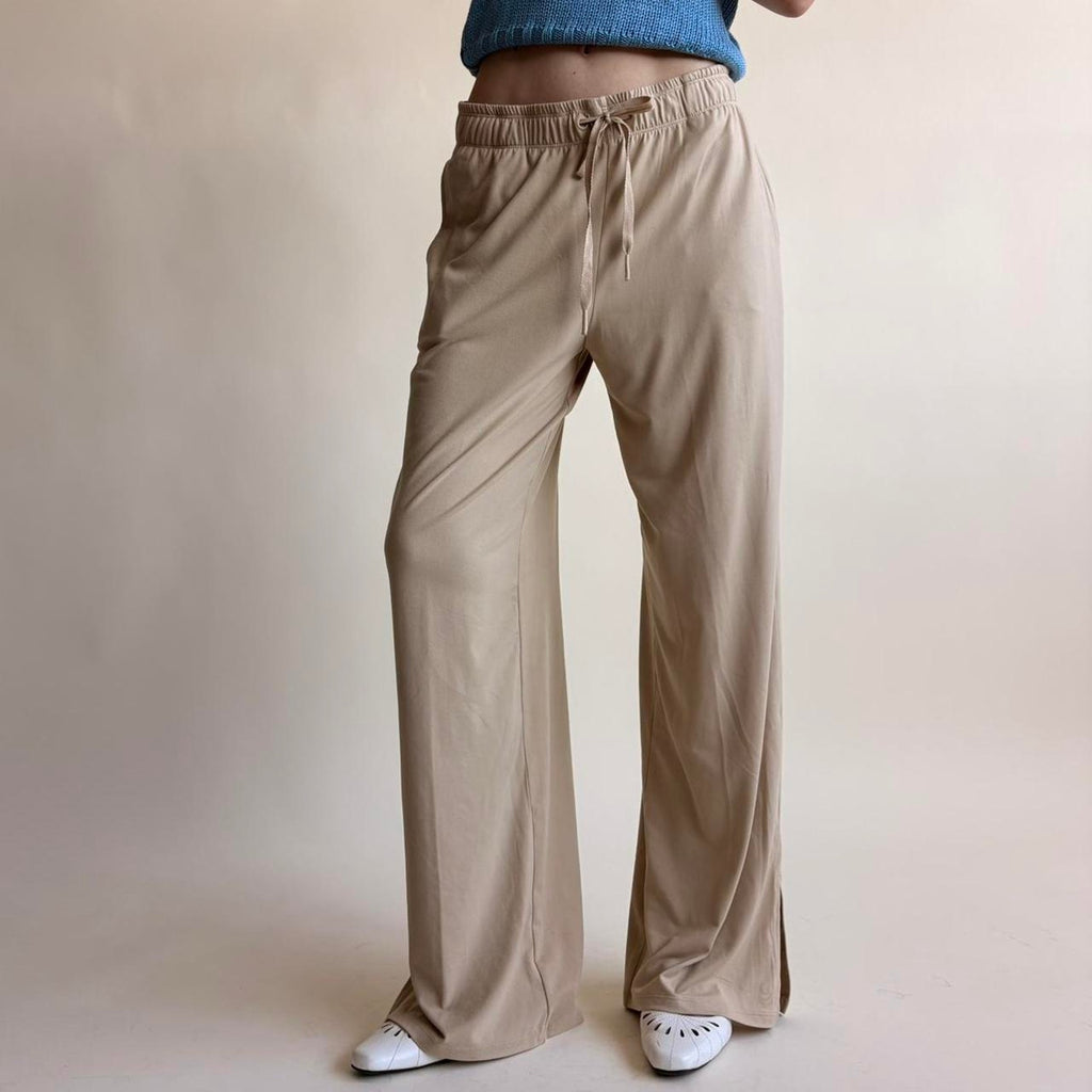 Tan Wide Leg Lounge Pants - Drawstring Waist, Ankle Slits, Size XS