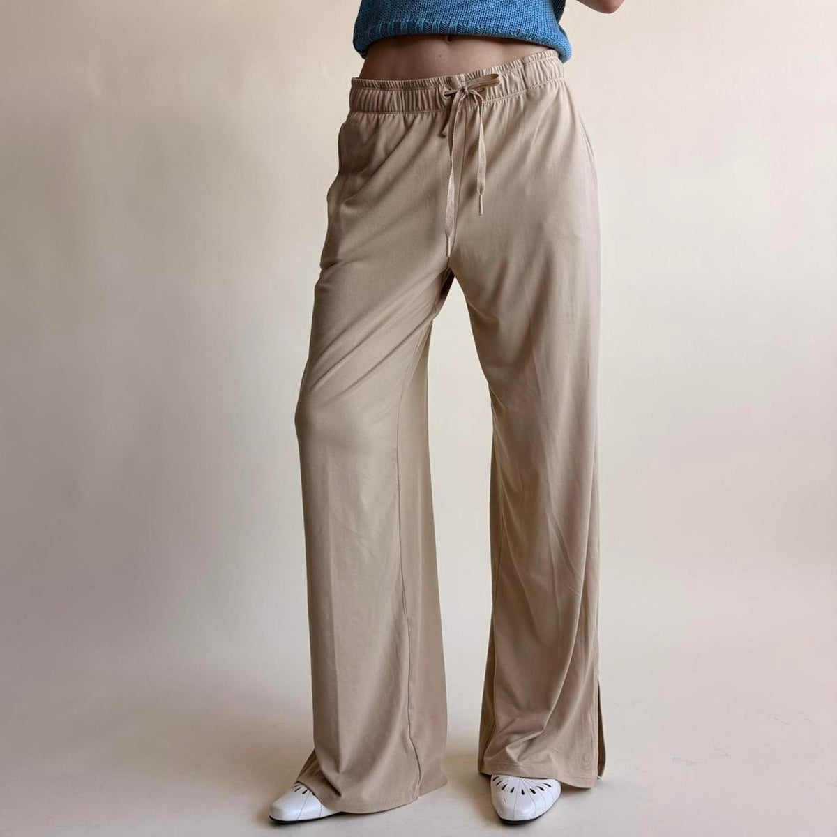 Tan Wide Leg Lounge Pants - Drawstring Waist, Ankle Slits, Size XS