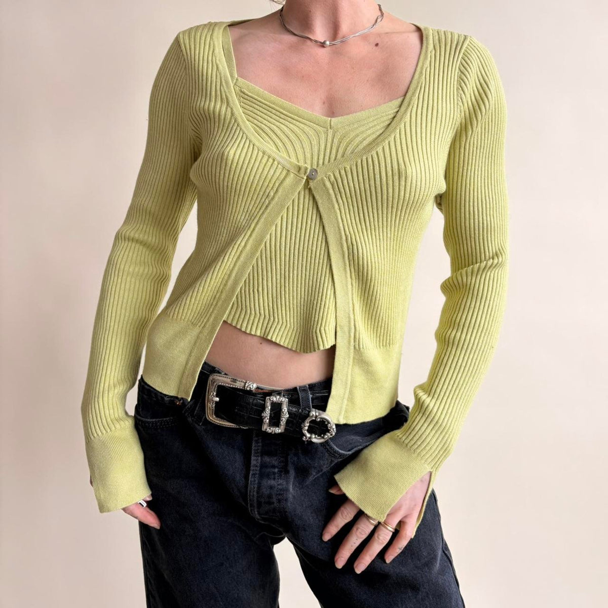 Pink Rose Green Cardigan Tank  Set - Size Medium