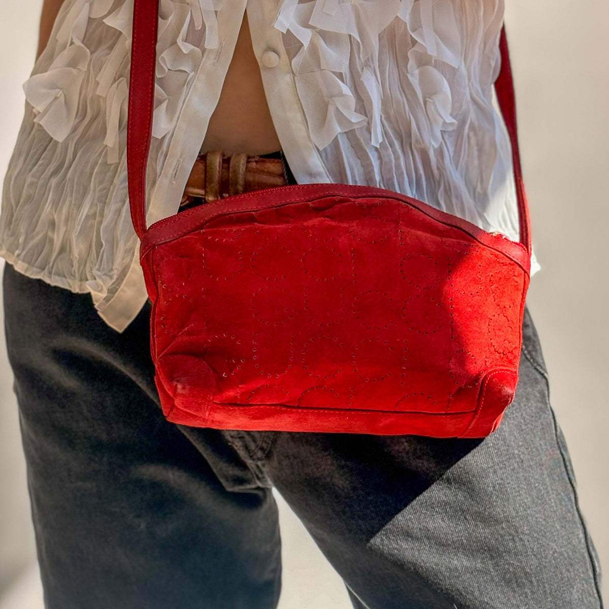 Vintage Gucci Red Suede Perforated Giant Logo Pouch Crossbody Bag