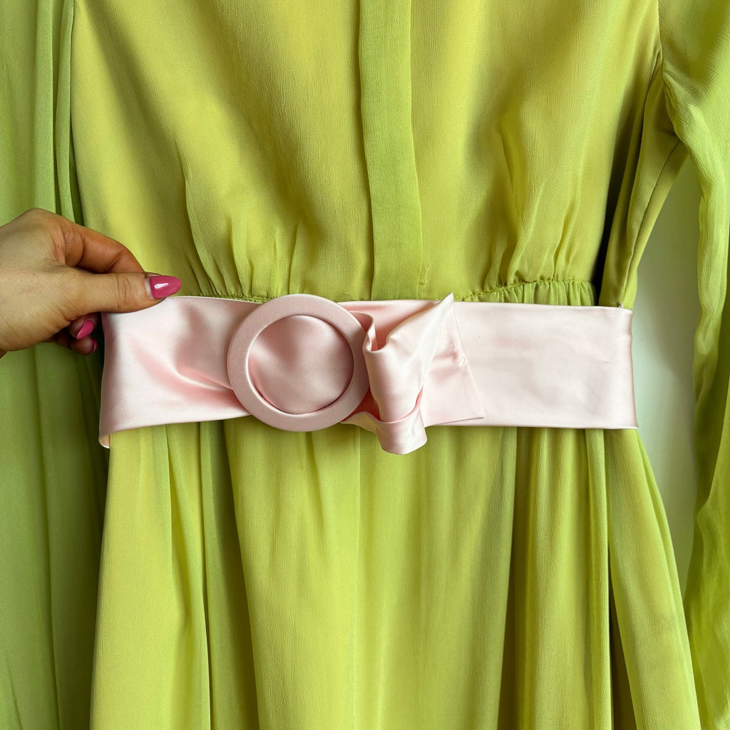 Vintage 60s/70s Chartreuse Peter Pan Collar Maxi Dress w/ Belt