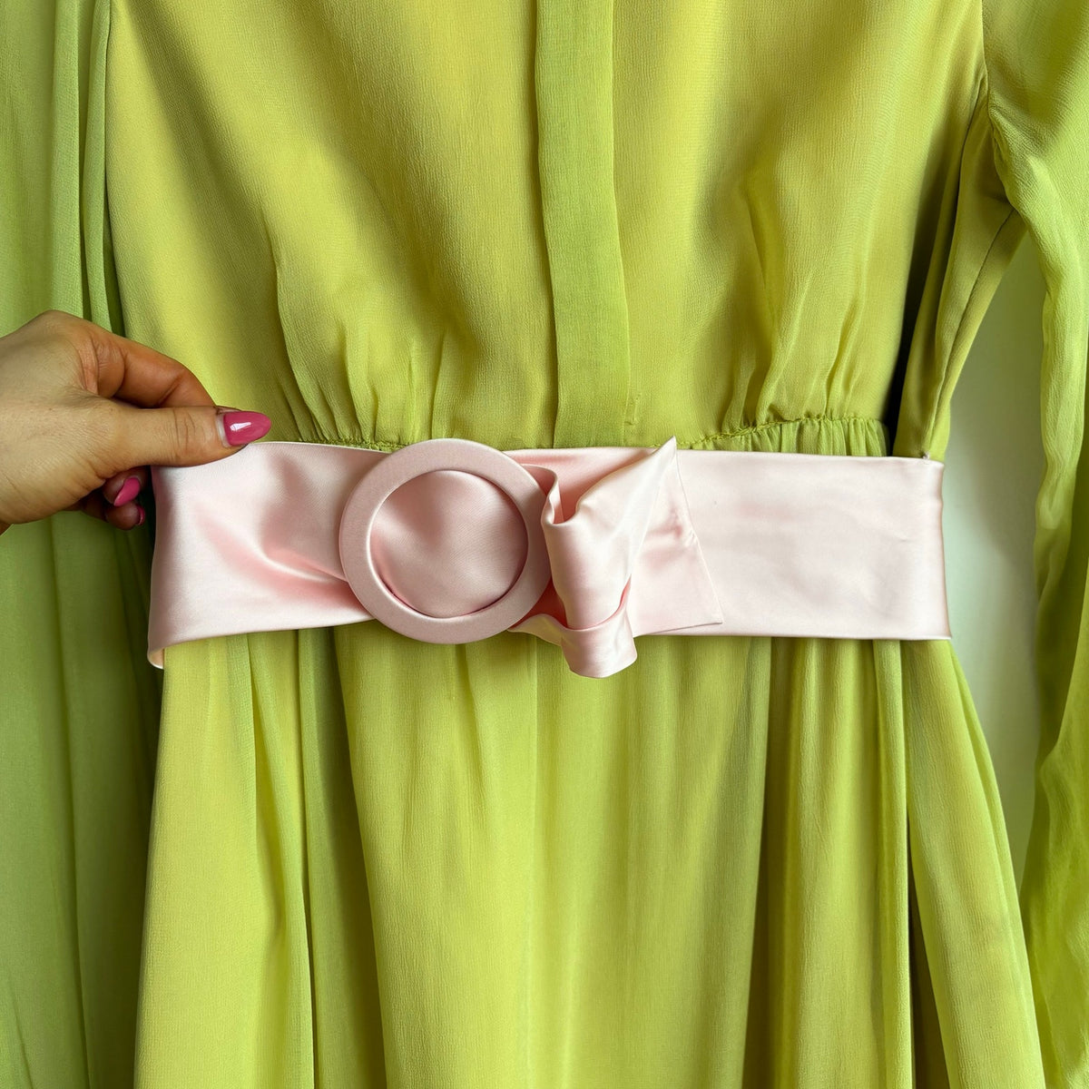 Vintage 60s/70s Chartreuse Peter Pan Collar Maxi Dress w/ Belt