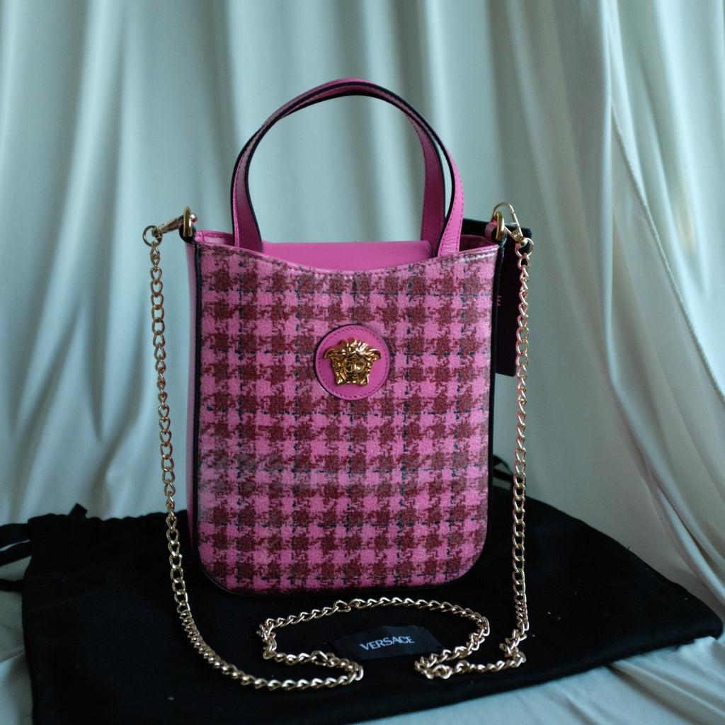 Versace La Medusa Calfskin Vinyl Mini Houndstooth Tote Bag Pink Multicolor Bag