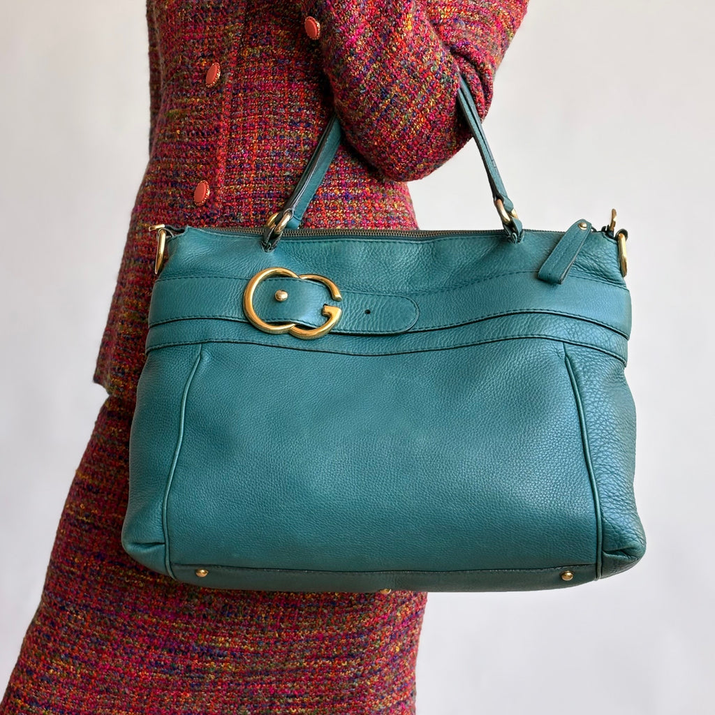 Gucci Medium Ride Top Handle Bag - Teal Pebbled Calfskin Leather, Gold Buckle