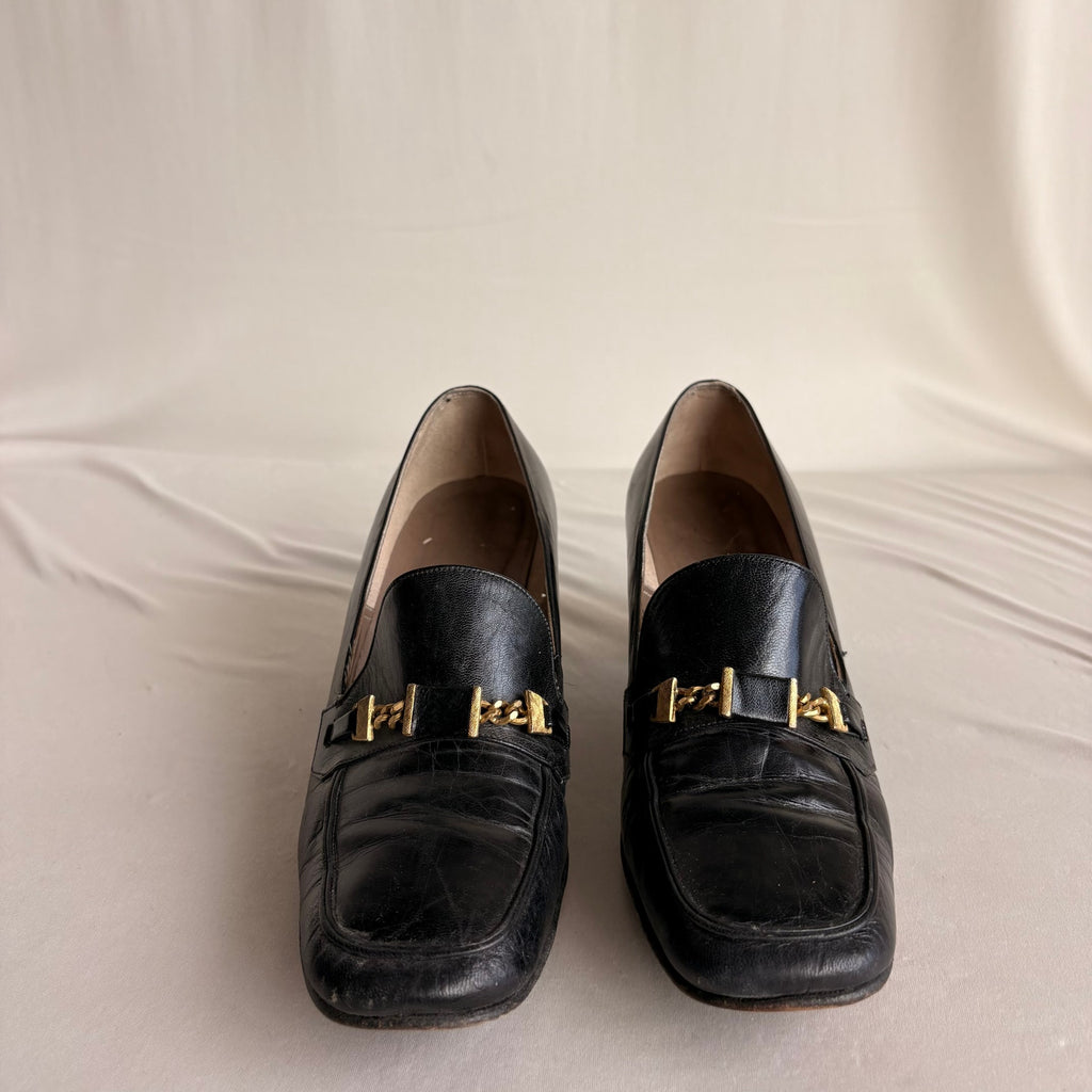 Vintage Saks Fifth Ave Black Leather Heeled Loafers - Block Heel, Square Toe