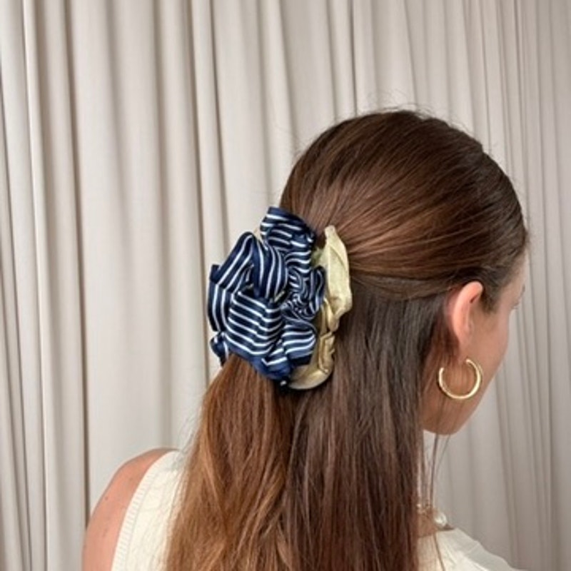 Navy & White Stripe Ribbon Claw Clip - Gold Trim, Retro, 4"