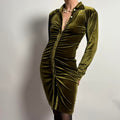 Olive Green Long Sleeve Velvet Rouched Dress - Small