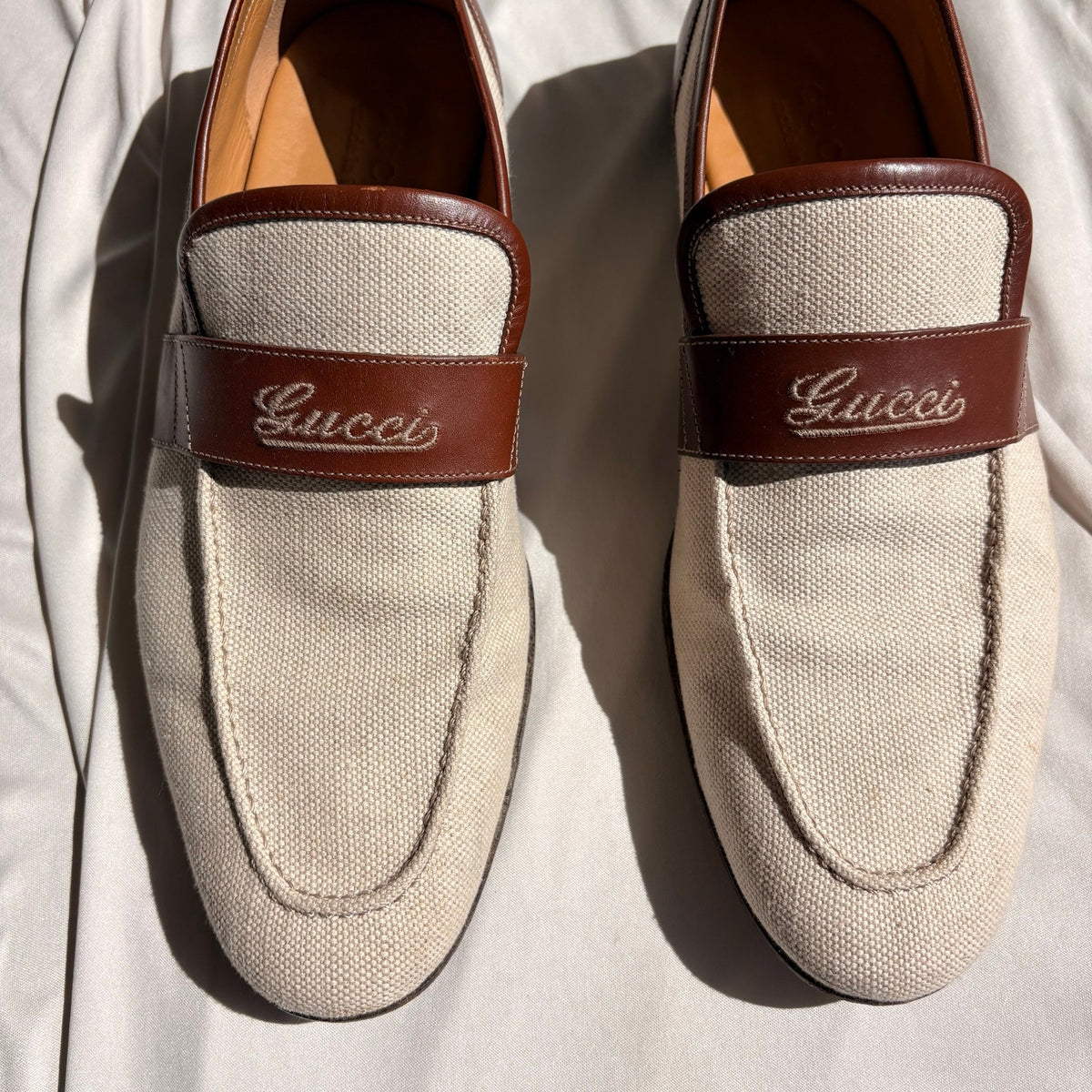 Vintage Gucci Slip-On Loafers - Cream Canvas, Brown Leather, EU 39