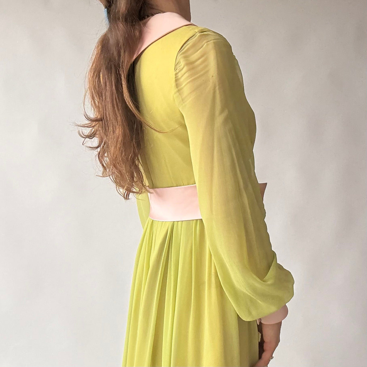 Vintage 60s/70s Chartreuse Peter Pan Collar Maxi Dress w/ Belt