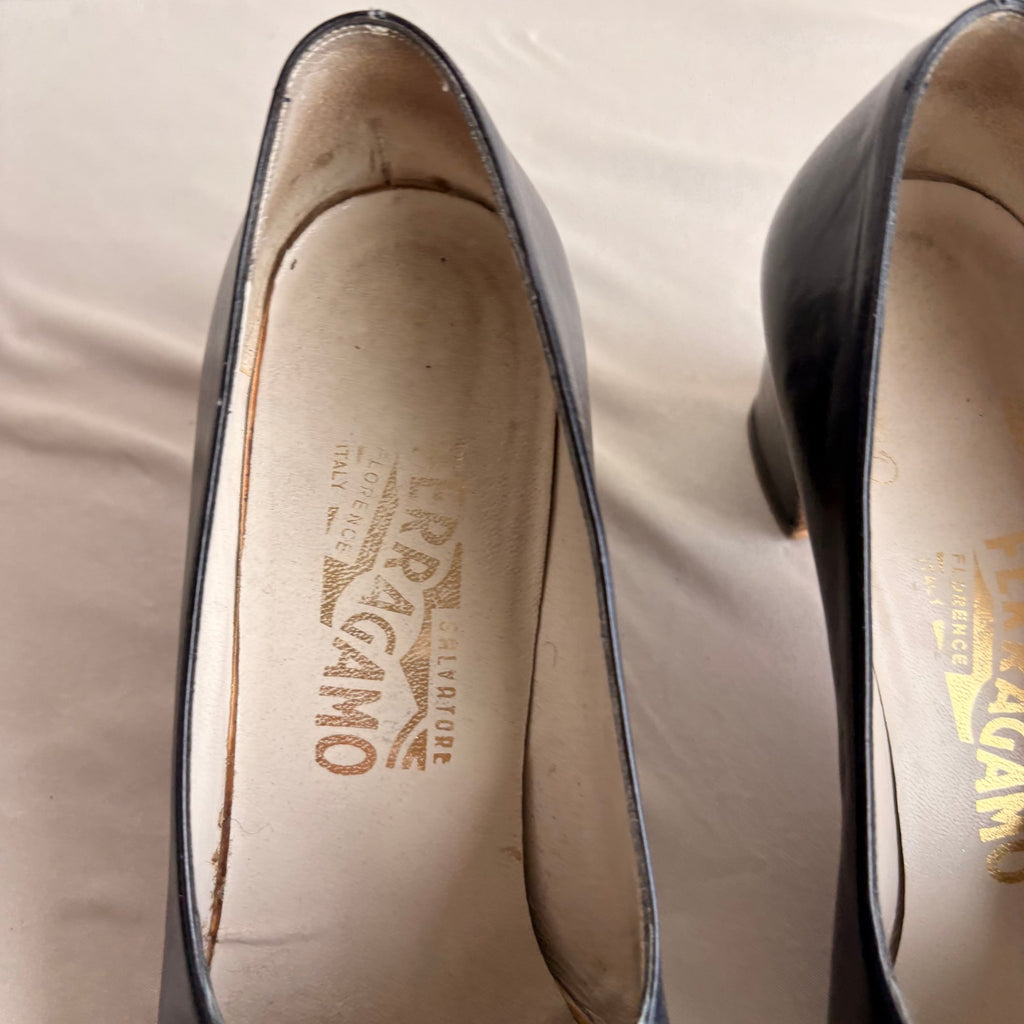 Vintage Ferragamo Navy Leather Heeled Loafers - Gold/Silver Hardware, 7.5