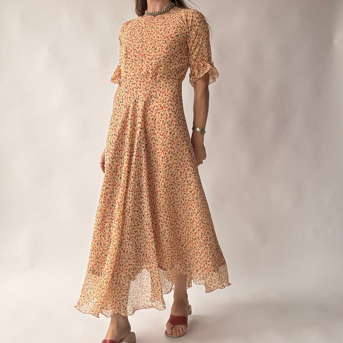 Vintage 70s Handmade Ditsy Floral Chiffon Maxi Dress - Small