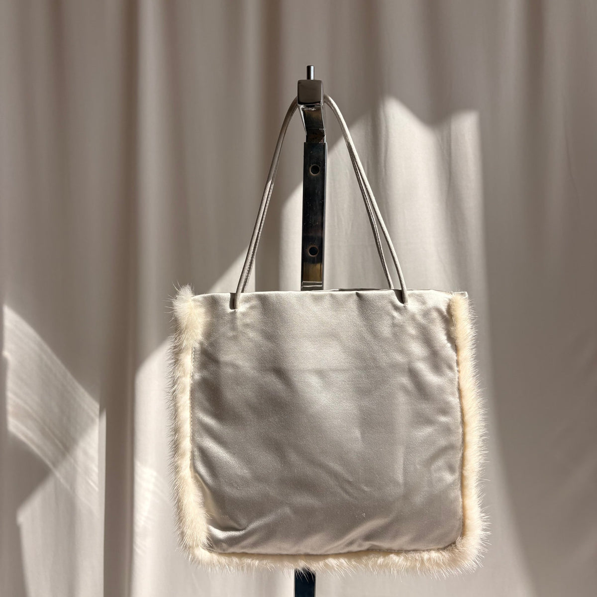 Vintage Prada Raso Cream Satin & Silk Tote - Mink Fur Trim