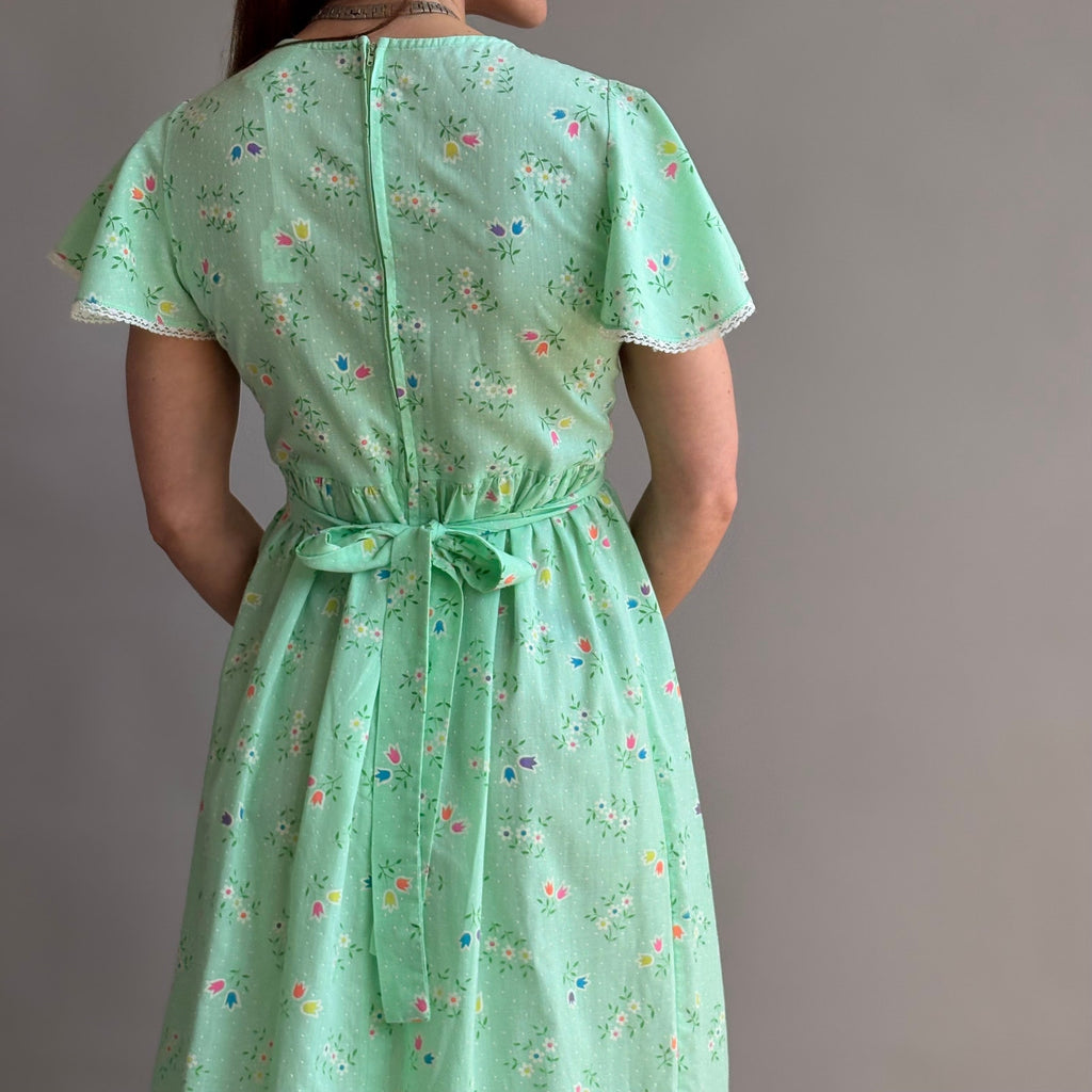 Vintage 70s Sears Growing Girl  Green Floral Prairie Dress - Small