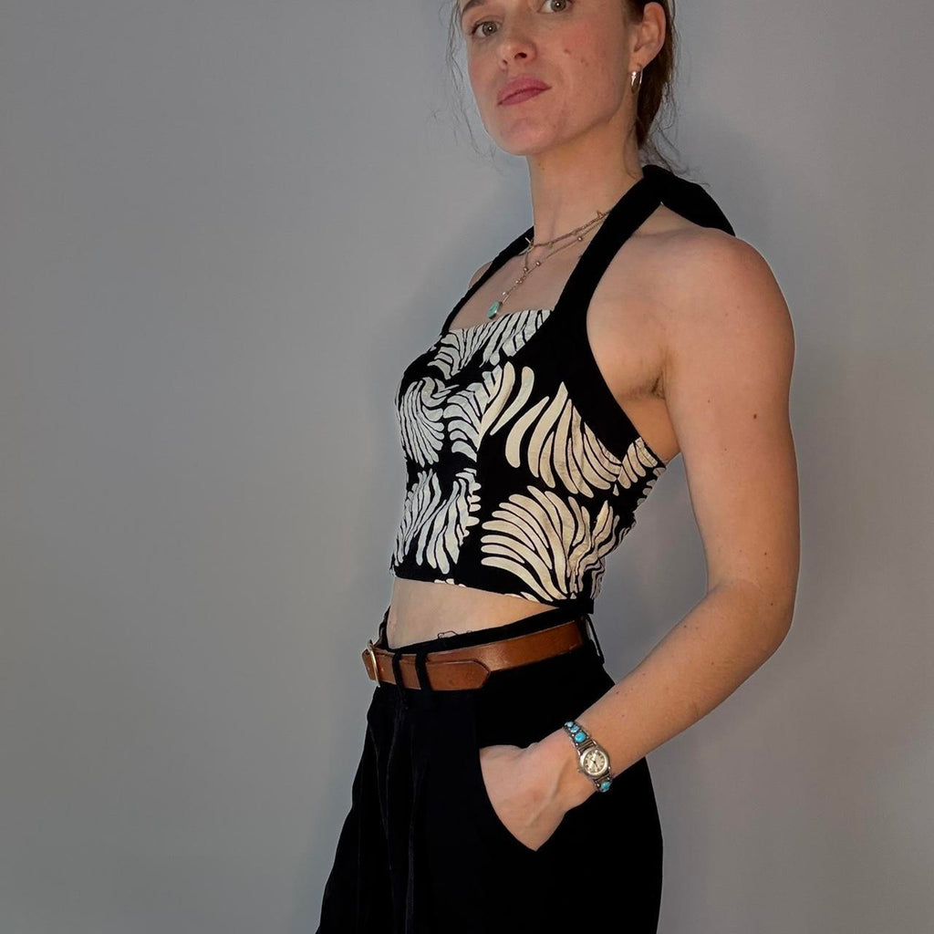 Black and White Abstract Floral Halter Top- size small