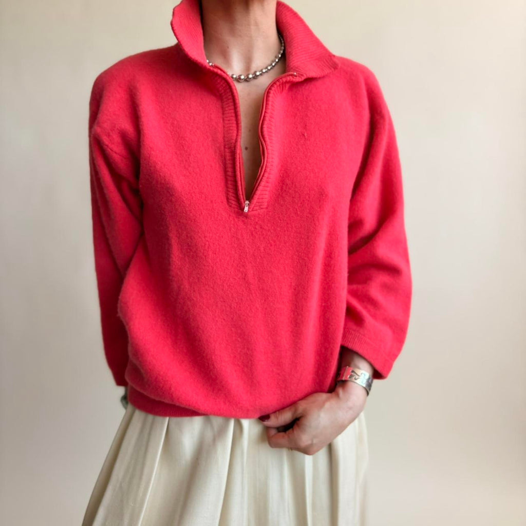 Outlander Hot Pink Quarter Zip Sweater - Lambswool & Angora, Fits Medium