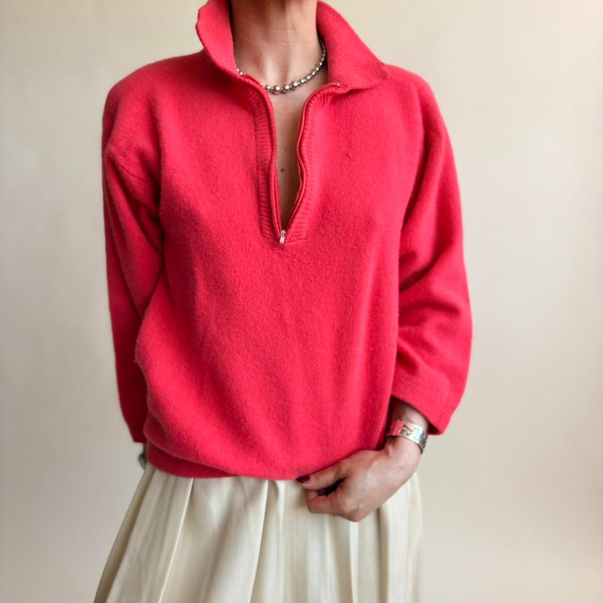 Outlander Hot Pink Quarter Zip Sweater - Lambswool & Angora, Fits Medium