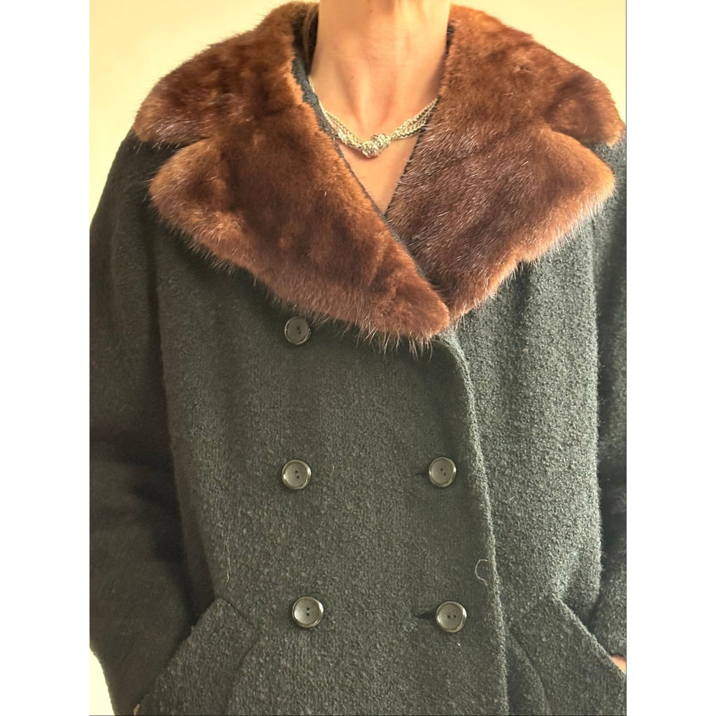 Vintage Woodward & Lothrop Black Wool Car Coat with Mink Fur Collar