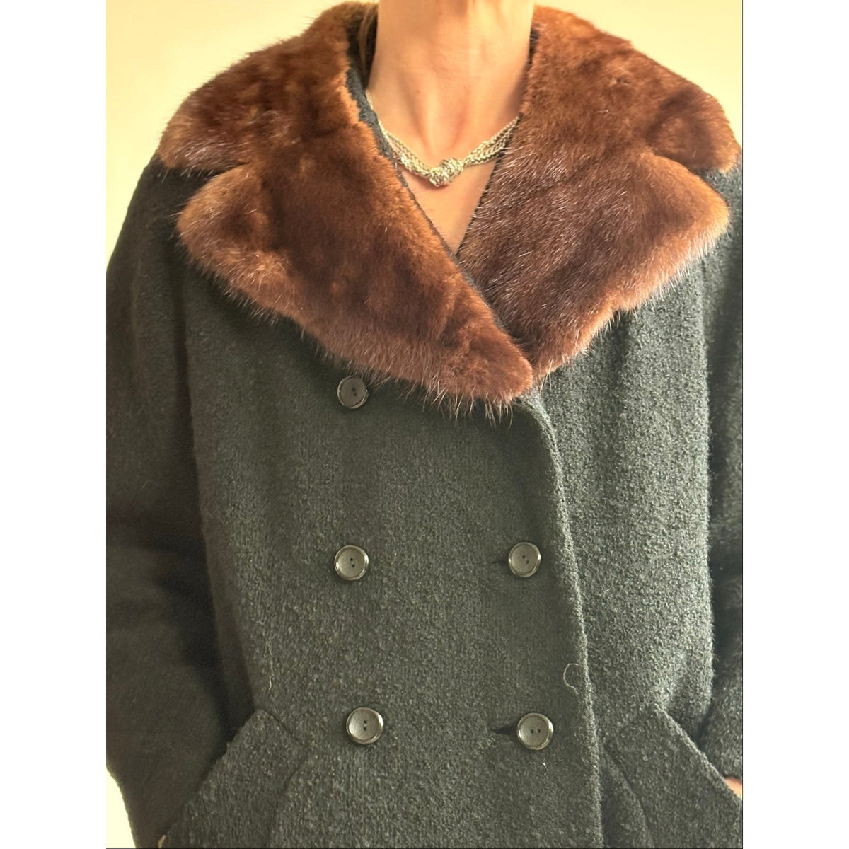 Vintage Woodward & Lothrop Black Wool Car Coat with Mink Fur Collar