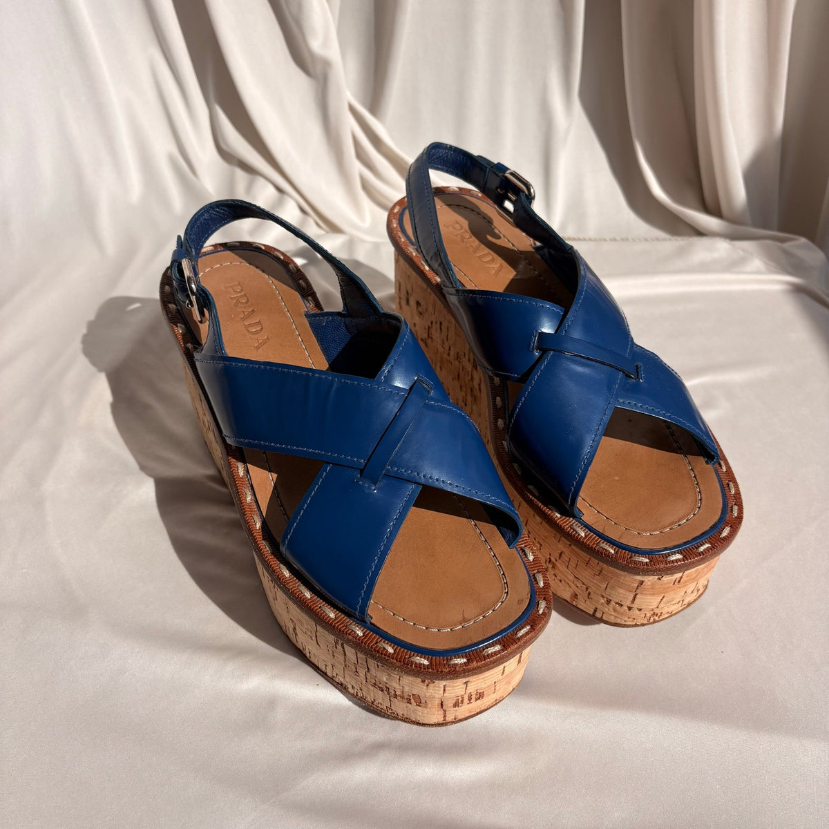 Prada Crisscross Blue Leather Wedge Sandals - EU 38 / US 7