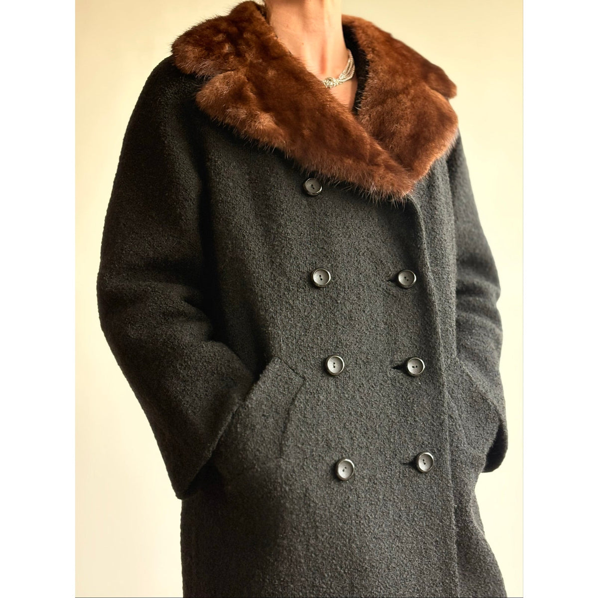 Vintage Woodward & Lothrop Black Wool Car Coat with Mink Fur Collar