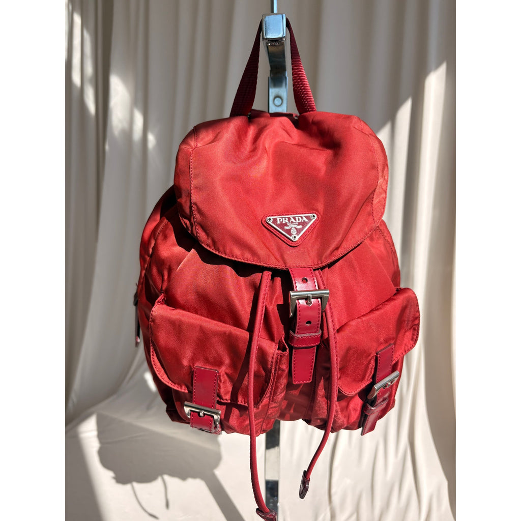 Vintage Prada Red Tessuto Vela Nylon Drawstring Backpack