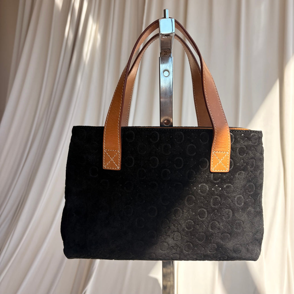 Celine C Macadam Tote Bag - 90's - Black Suede, Tan Leather Handles