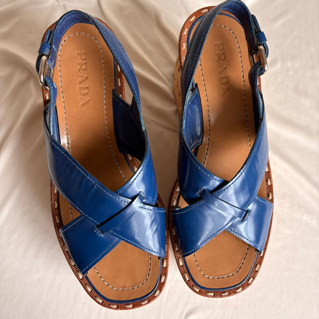 Prada Crisscross Blue Leather Wedge Sandals - EU 38 / US 7