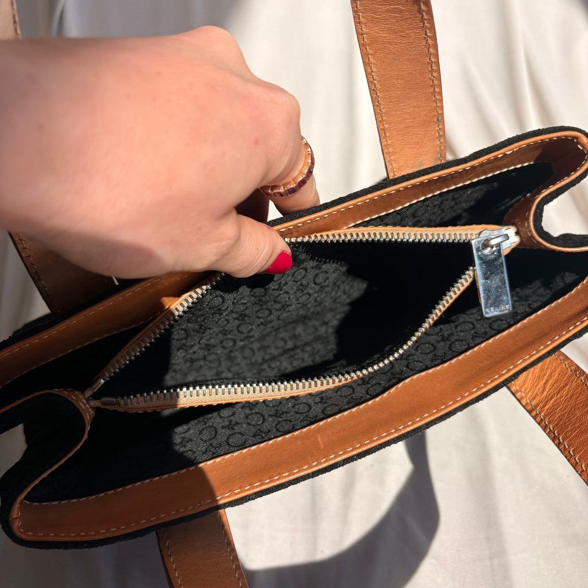 Celine C Macadam Tote Bag - 90's - Black Suede, Tan Leather Handles