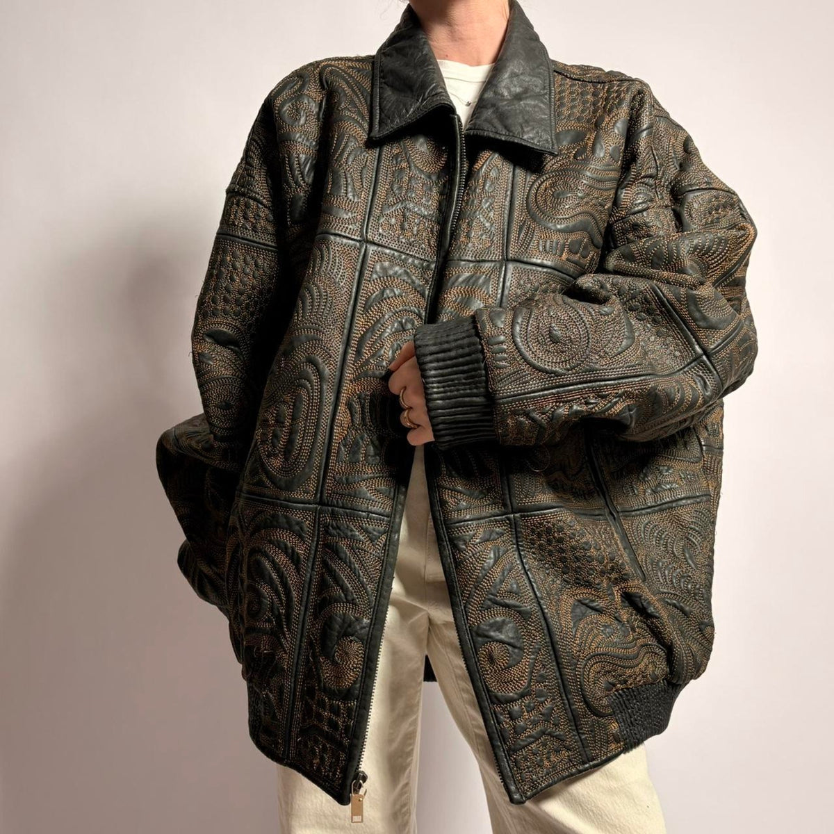 Signature Gold Embroidery Leather Bomber - Fits Men's XL