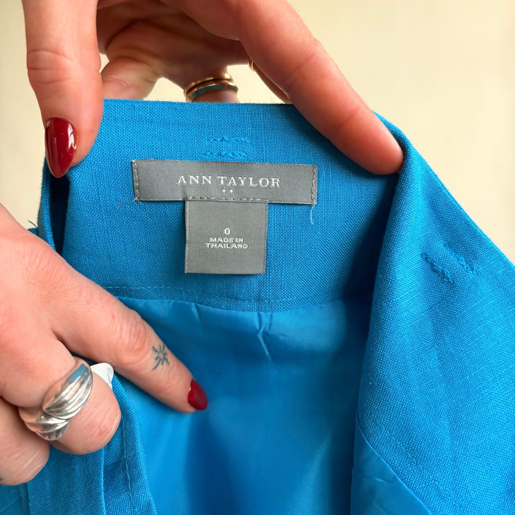 Ann Taylor Turquoise A-Line Skirt - Linen Blend, Utility Pockets, Belt, Size 0