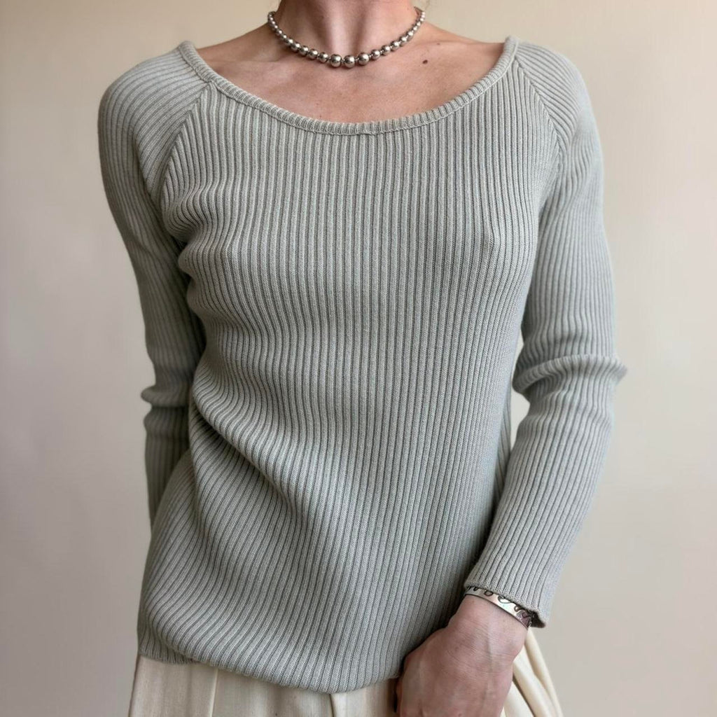 525 Light Sage Green Boat Neck Top - Ribbed, One Size (Fits Small), Made in USA