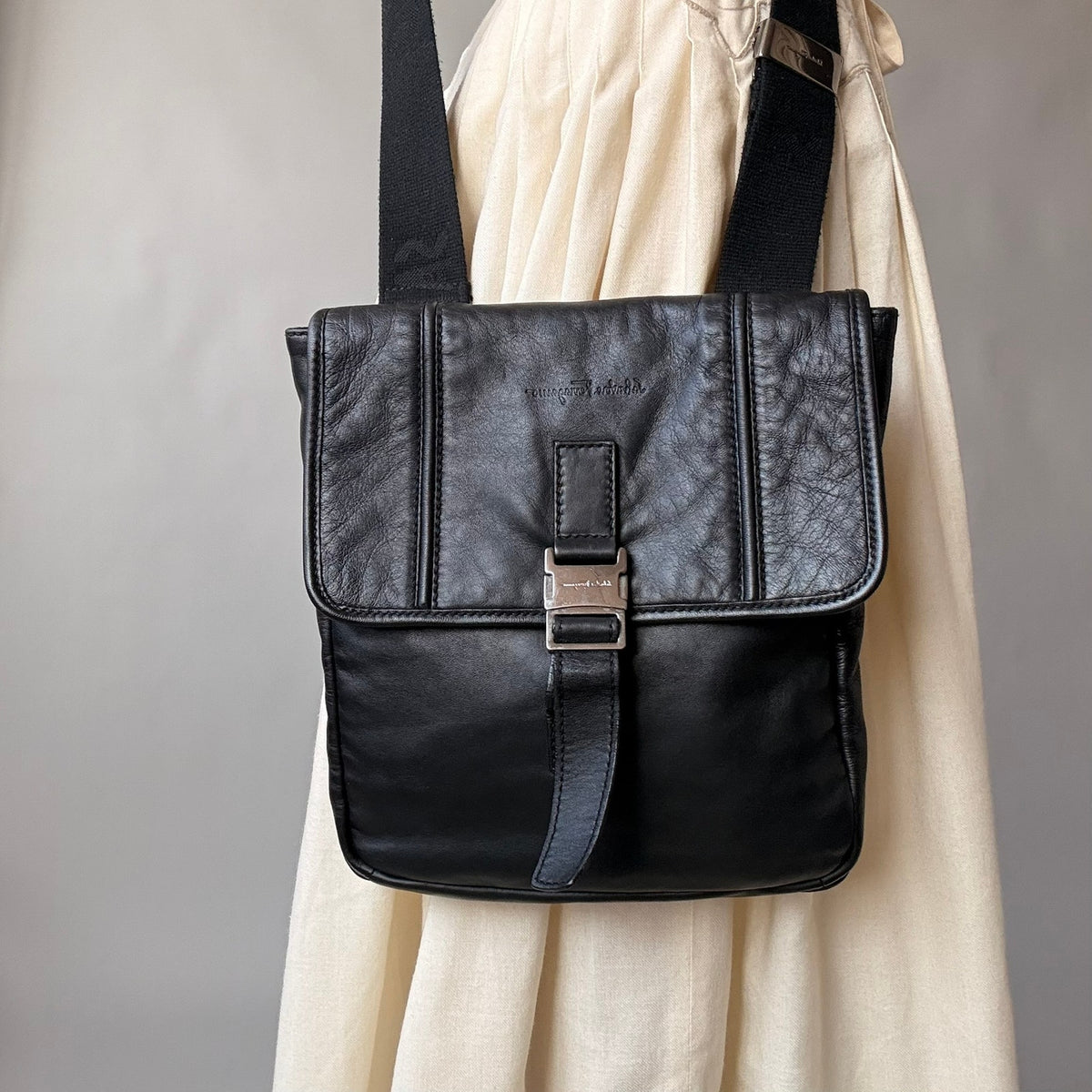 Vintage Salvatore Ferragamo Black Leather Messenger Crossbody Bag