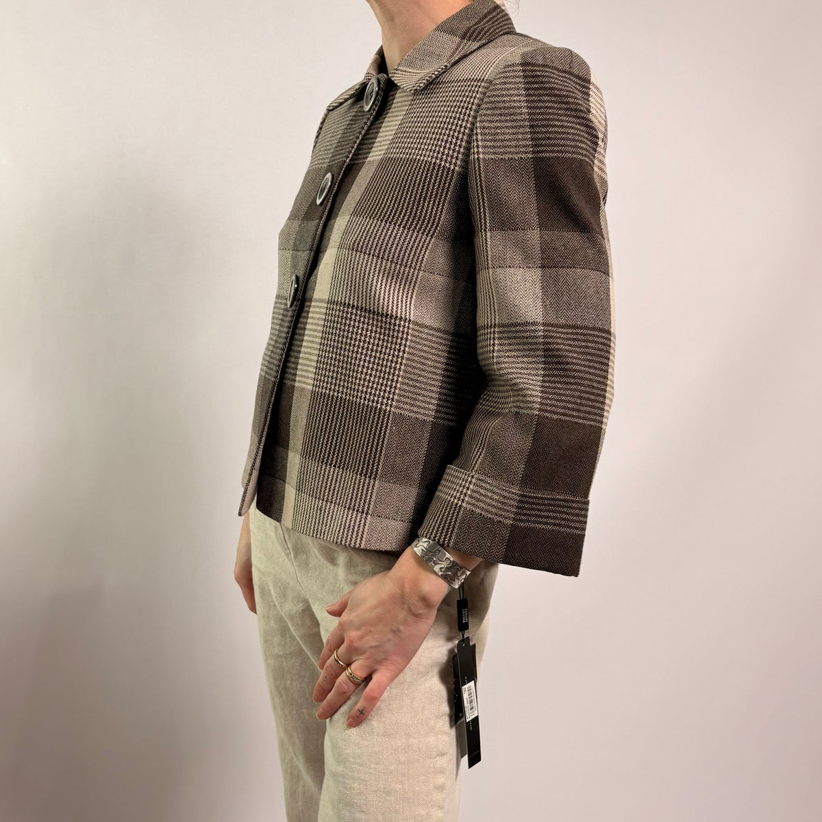 Tahari Brown & Beige Plaid Cropped Jacket - NWT, Size 4