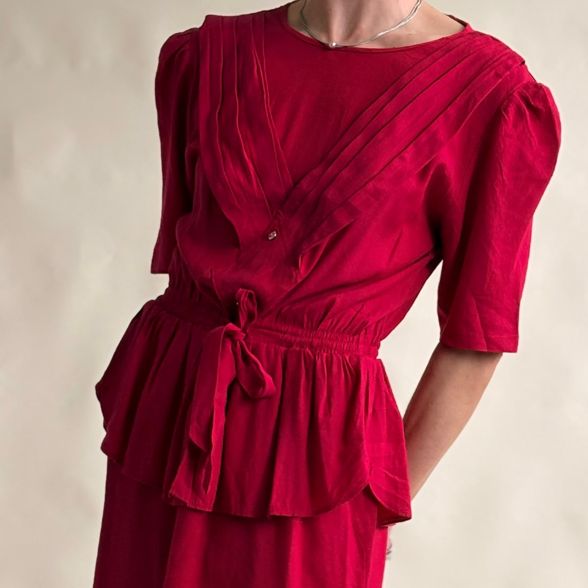 South Bay Vintage Red Wrap Peplum Dress - Pleated Detail, Tie Waist