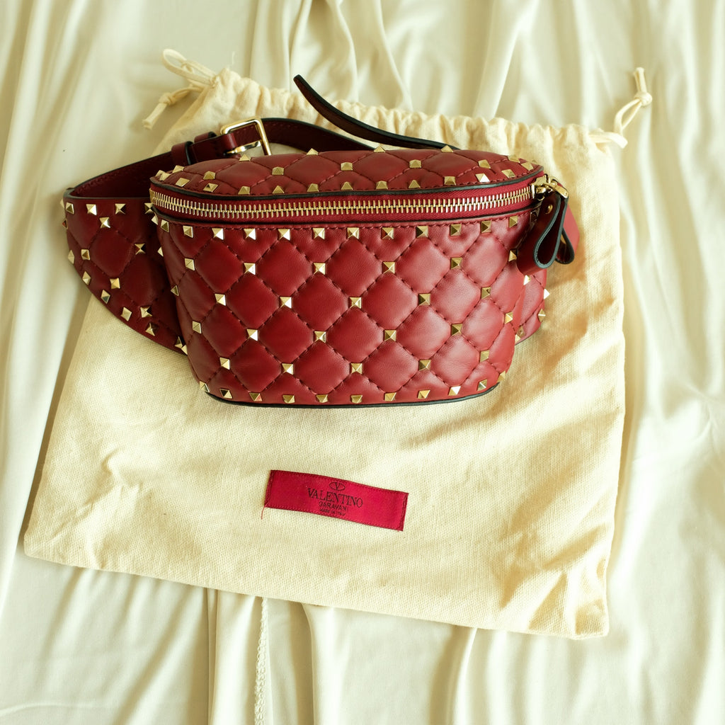 Valentino Rockstud Red Leather Belt Bag - Gold Studs