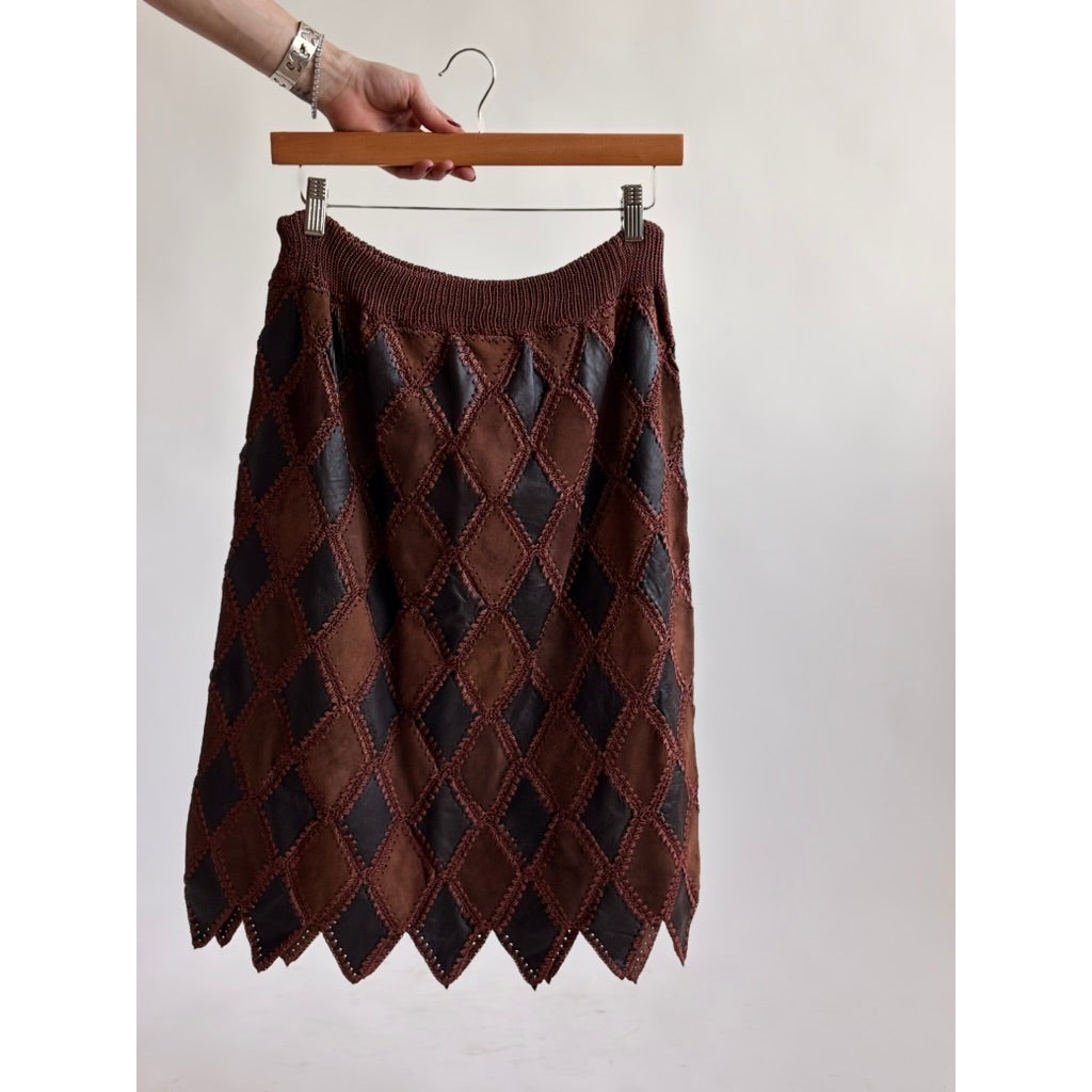 Vintage 1970s Handmade Turkish Diamond Patchwork Leather Skirt