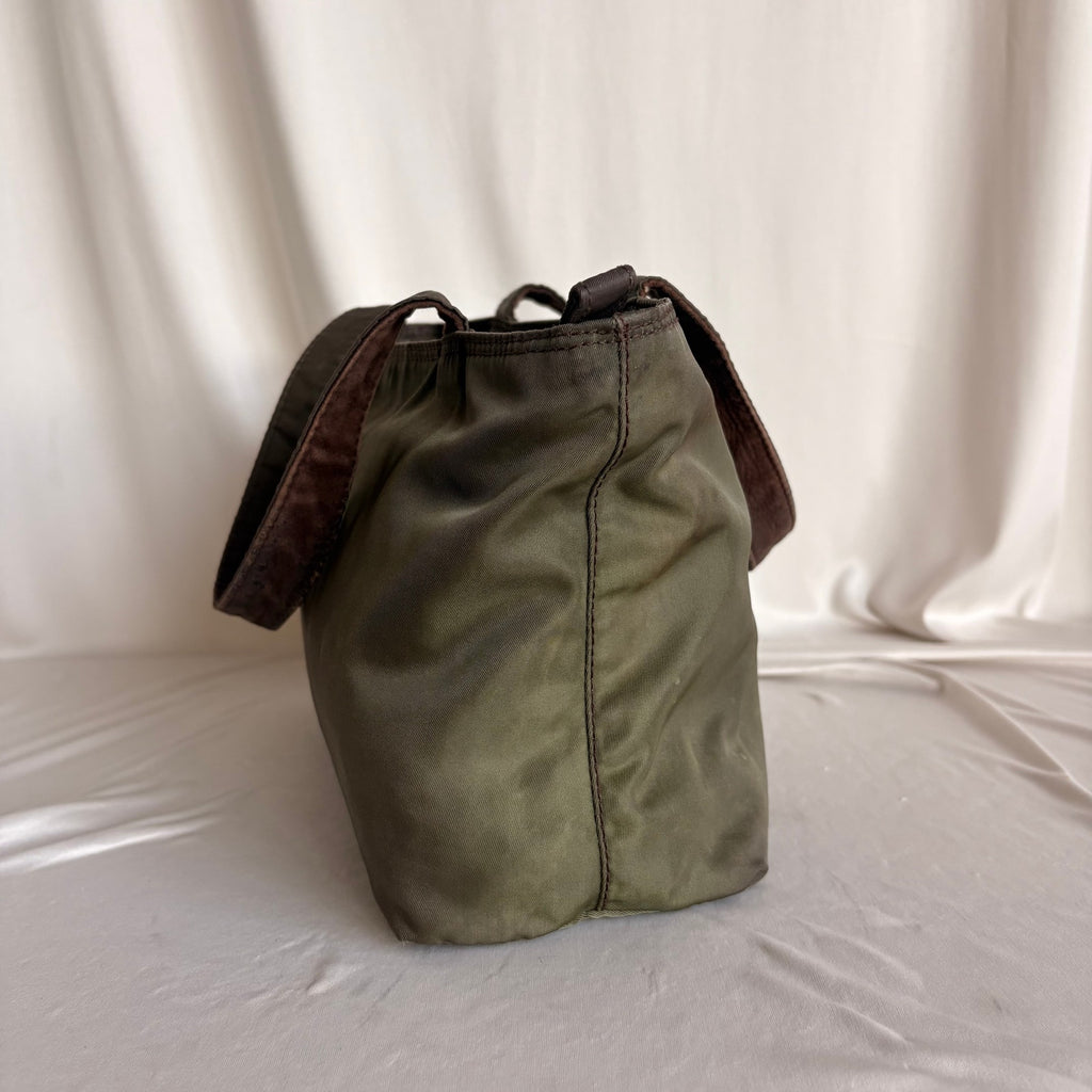 Vintage Prada Olive Green Nylon Beaded Logo Tote