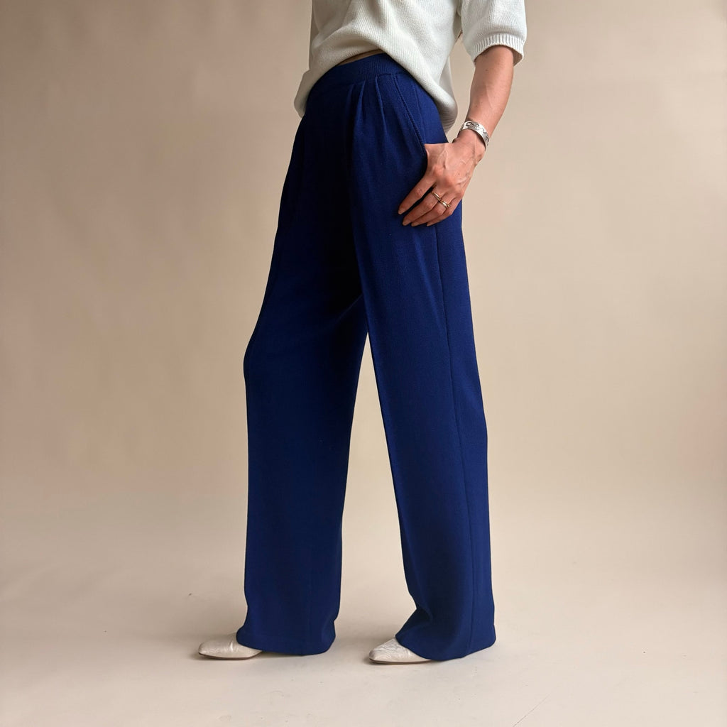 St. John Navy Blue Pleated Trousers - Santana Knit, High Waisted, Size 4