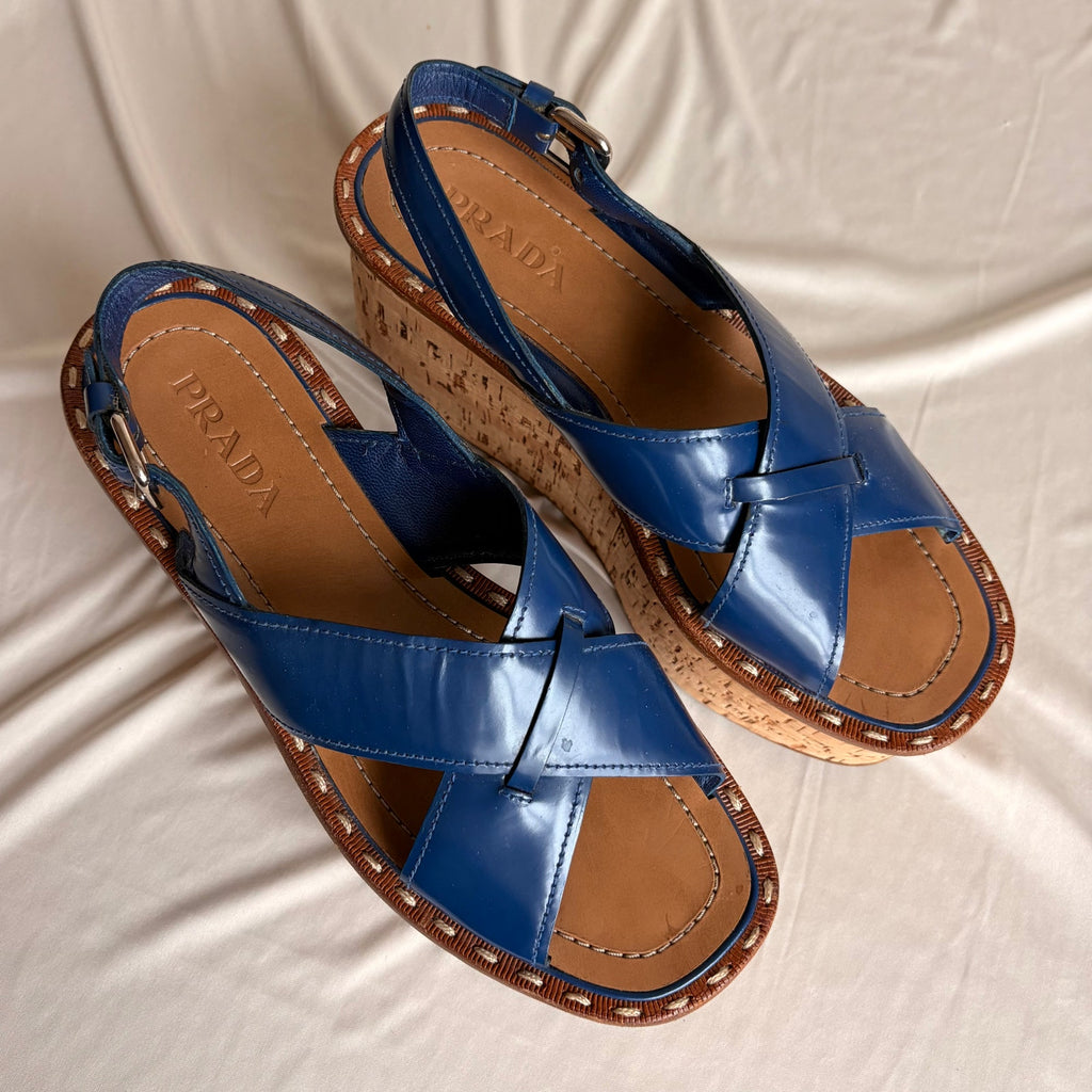 Prada Crisscross Blue Leather Wedge Sandals - EU 38 / US 7