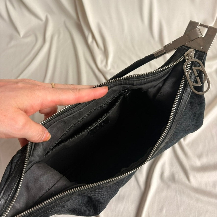 Vintage Gucci Tom Ford Era Black GG Monogram Canvas Hobo Bag Silver Hardware