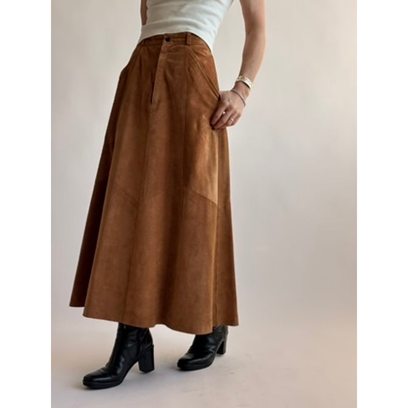 Vintage Bergdorf Goodman Light Brown Suede A-Line Maxi Skirt