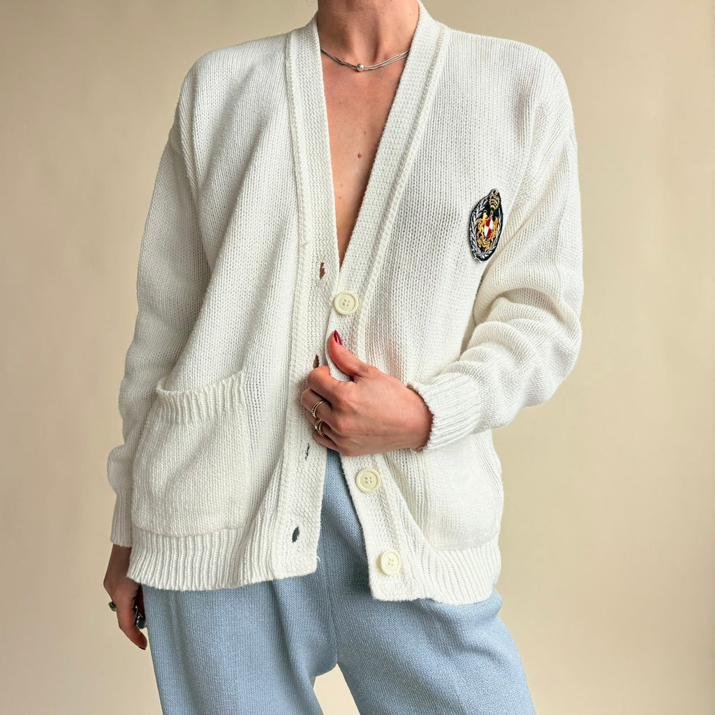 Fall River Knitting Mills Collegiate Cardigan - Embroidered Patches, S/M
