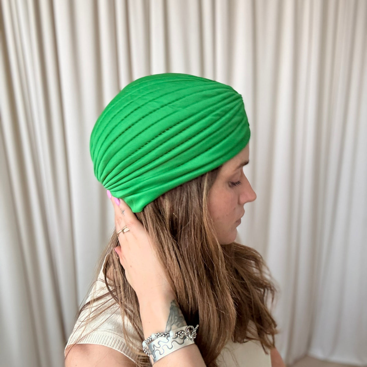 Green Pleated Turban Headband - Vibrant, Vintage