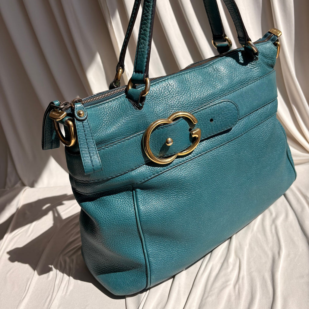 Gucci Medium Ride Top Handle Bag - Teal Pebbled Calfskin Leather, Gold Buckle