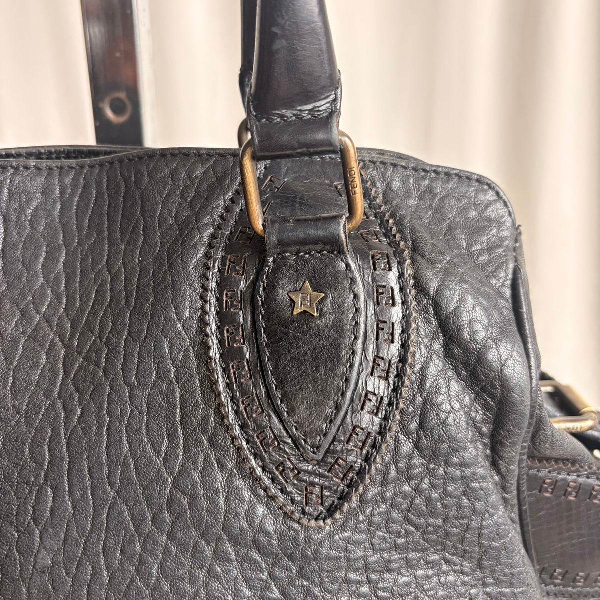 Fendi Black "Etnico Du Jour" Pebbled Calf Leather Handbag