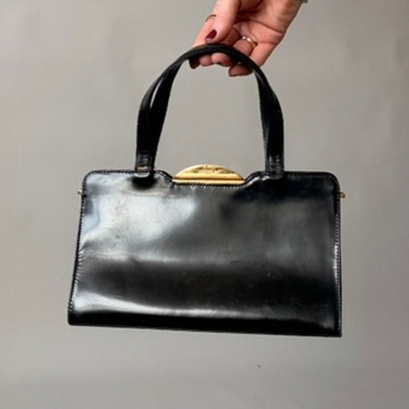 Vintage Valentino 80s Black Patent Leather Bag w/ Gold Clasp