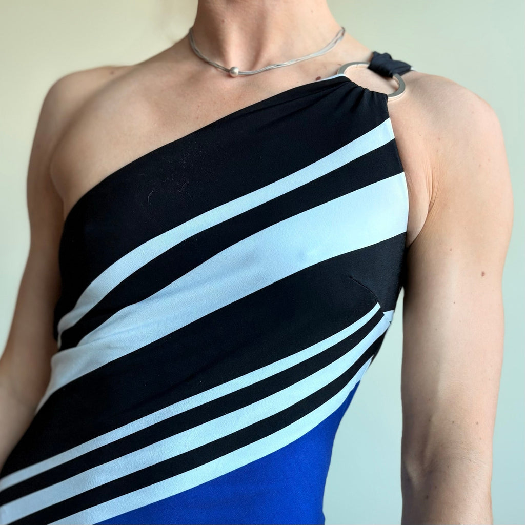 Cache One-Shoulder Striped Maxi Dress - Blue, Black, White, Size XS