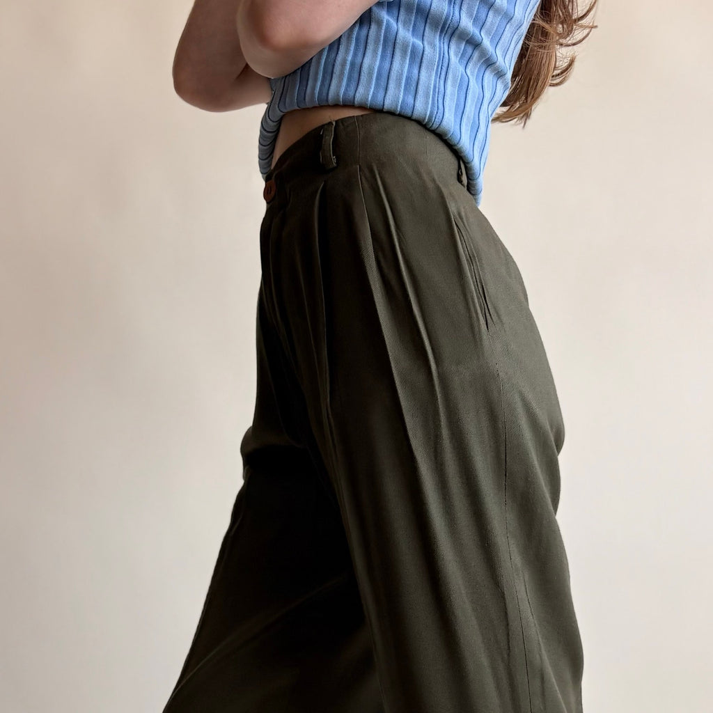 Saks Fifth Avenue Olive Green Linen Trousers - High Waisted, Pleated, Cropped